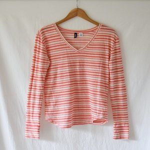 Urban Outfitters BDG Pink/White Striped V-Neck Long-Sleeve Tee